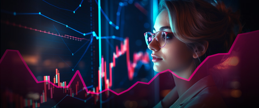 a woman with glasses looking at a candlestick graph on a screen with a red graph at the bottom referring to how to choose a CFD broker