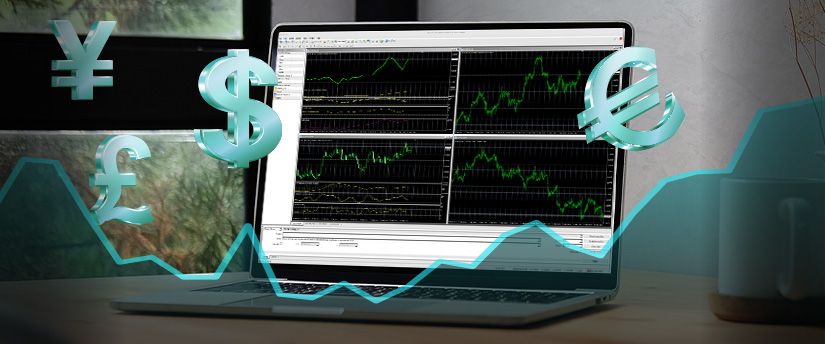 Forex trading activities are exhibited on a laptop screen through the Metatrader 4 platform.