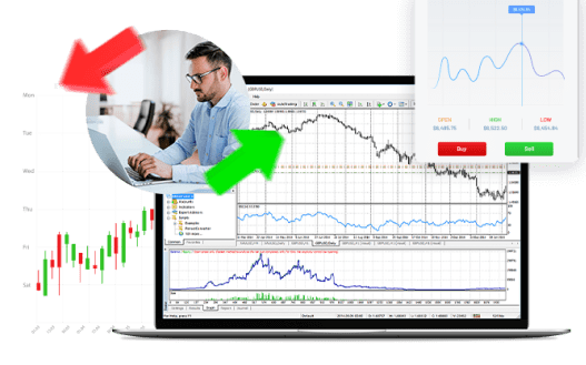 Cfds-markets-platformに表示されたチャートを表示するラップトップの前に座っている男性のアイコン。