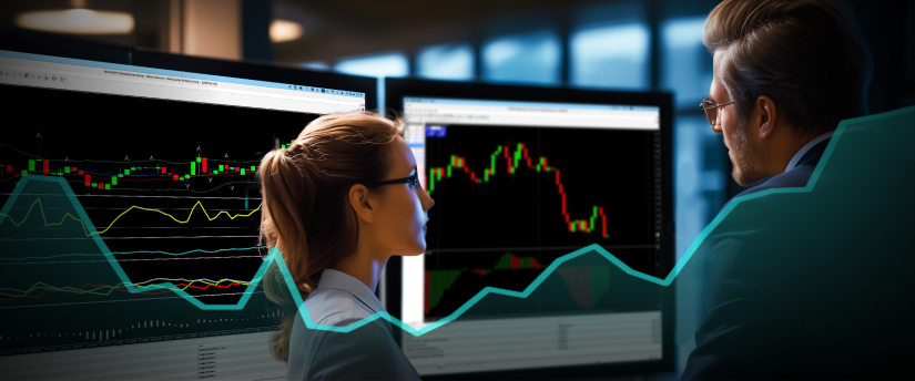 Dos personas analizan un gráfico bursátil en una pantalla, centrándose en las tendencias del mercado y los datos financieros.