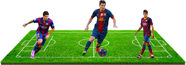 Tres jugadores de fútbol en un campo con un balón de fútbol.