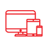 Icono rojo de ordenador y teléfono, símbolo de tecnología y comunicación.