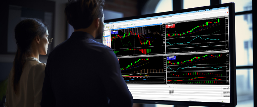 Two people observing a monitor filled with various trading screens, featuring MetaTrader 4 trader indicators.