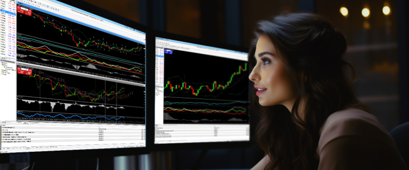A woman analyzes trading indicators on dual monitors, embodying the focus of a psychology forex trader.
