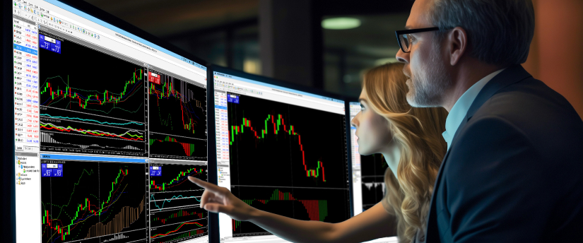 A man and woman observe a screen displaying multiple trading charts, engaged in a discussion about MT4 trading strategies.