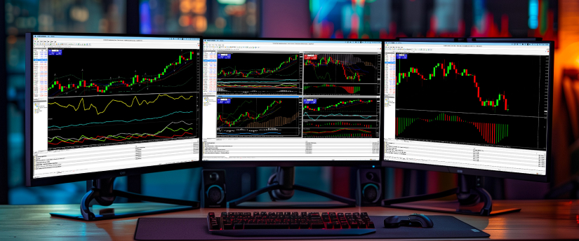  A trio of computer monitors exhibiting distinct trading interfaces, highlighting different market trends and data visualizations.