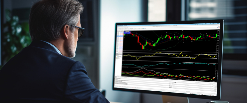 A man in a suit examines a computer screen displaying a stock chart, focused on market trends and data analysis.