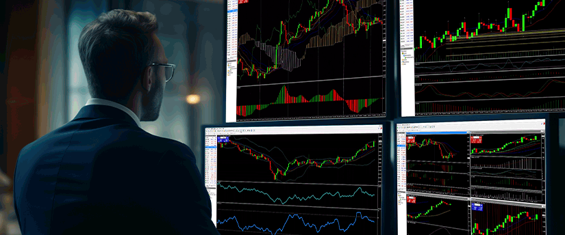Un hombre trajeado observa varias pantallas llenas de indicadores de negociación, centrados en el análisis del mercado.