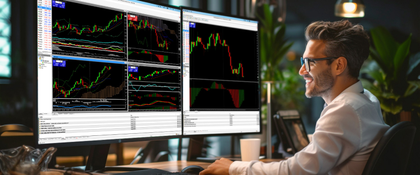 A man at a desk, analyzing two monitors that showcase different trading platforms and market information.
