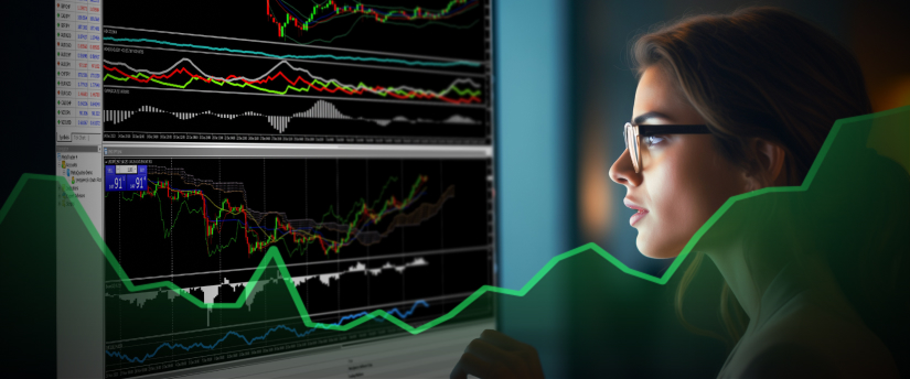 Una mujer observando atentamente un gráfico bursátil en una pantalla, concentrada en el análisis de trading financiero.
