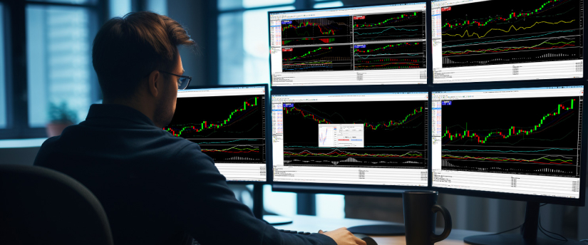 A man at a desk surrounded by multiple screens displaying various trading indicators and data analysis tools.