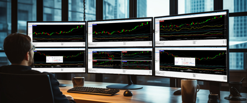 Homem em uma mesa cercado por várias telas, cada uma exibindo diferentes indicadores de trading e dados de mercado.