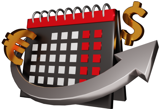 Calendario con un signo de dólar y una flecha hacia arriba, simbolizando el crecimiento financiero o los plazos presupuestarios.