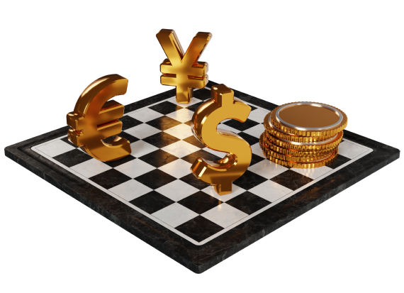 金色のドル記号とコインがチェスボードに配置され、金融と投資における戦略を象徴している。
