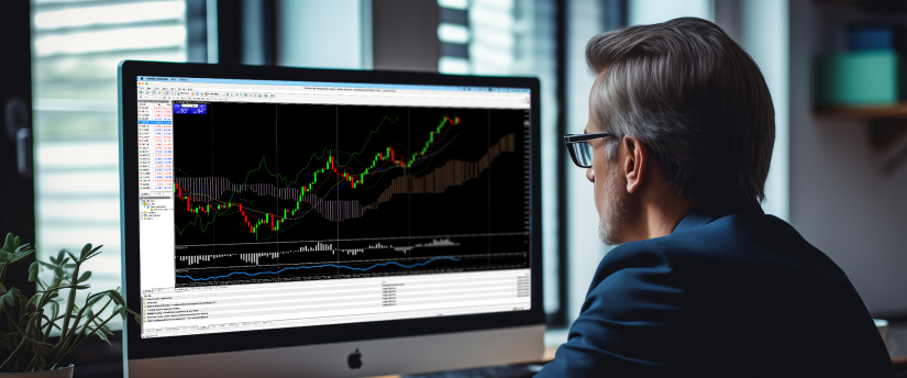 Um homem de terno observa a tela de um computador mostrando um gráfico do mercado de ações, analisando tendências e dados.