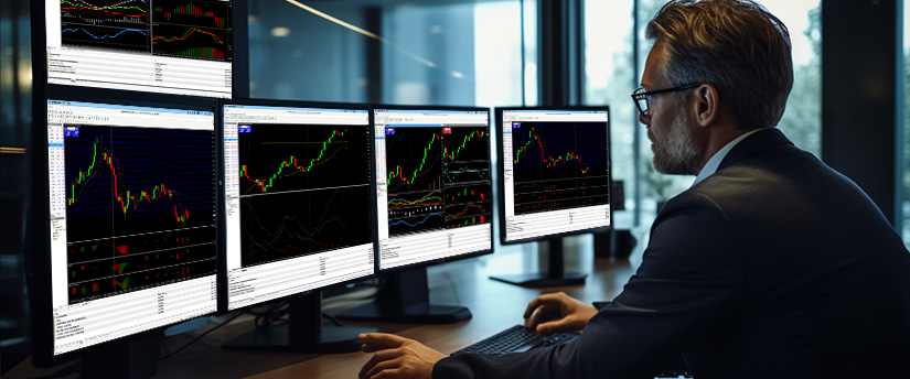 A man in a suit sits at a desk, focused on multiple screens displaying various trading options and data.