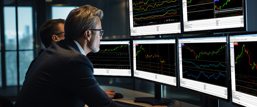 Two men analyzing stock market data displayed on multiple screens in a modern office setting.
