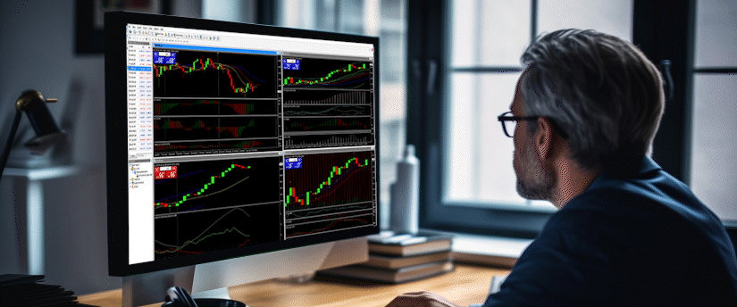 A man focuses on a computer screen filled with multiple trading options and financial graphs.