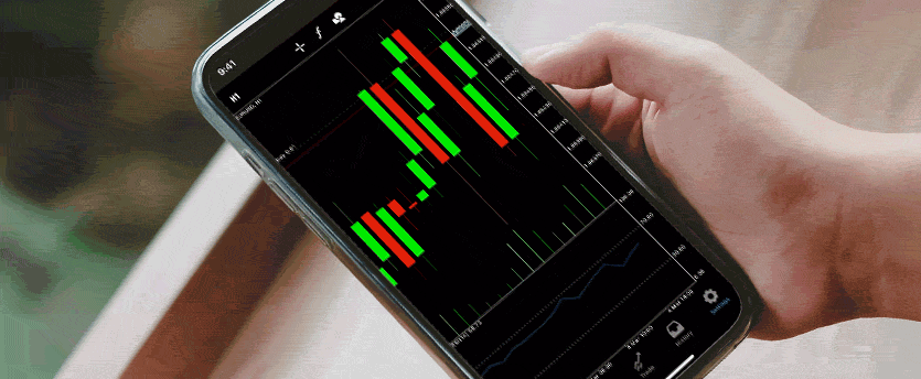 Forex trading app interface displayed on an Android device, showcasing charts and trading options.