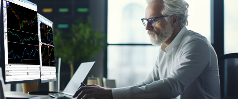 A man with glasses studies a computer screen, showing concentration and interest.