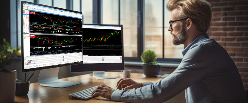 A man seated at a desk, using two monitors that show various trading platforms for analysis.