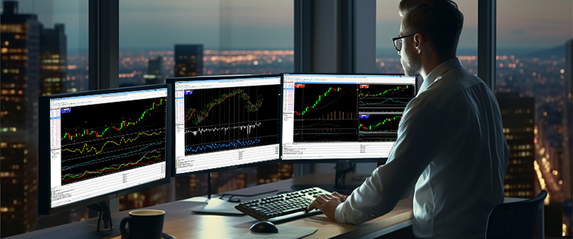 Um homem em uma mesa com três monitores exibindo vários gráficos do mercado de ações e análises de dados.