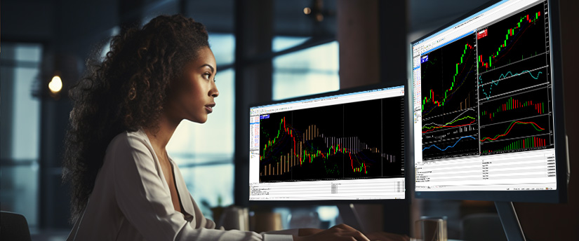 Uma mulher em uma mesa com dois monitores exibindo vários gráficos do mercado de ações e análises de dados.
