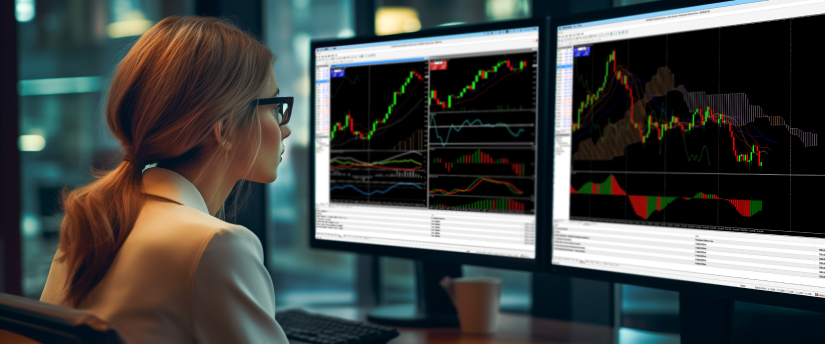 Une femme à un bureau avec deux écrans affichant divers écrans de trading et d'analyse de données