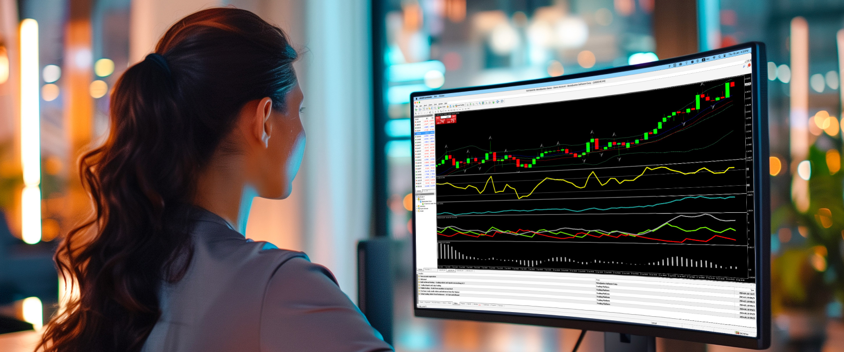 Uma mulher analisa um gráfico de negociação no ecrã do seu computador, concentrando-se nas tendências do mercado e na análise de dados.