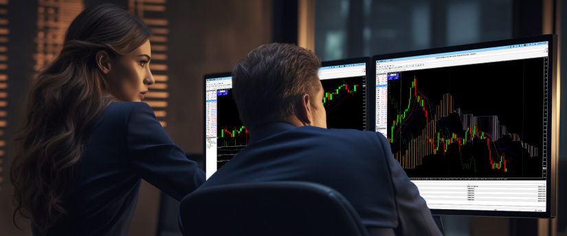 Two CFD traders monitoring candlestick charts on dual MT4 screens, analyzing market movements and trading strategies.