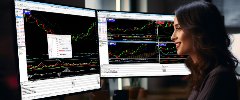 Female CFD trader smiling while monitoring multiple candlestick charts and indicators on dual trading platform screens.