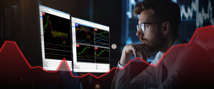 1. A man wearing glasses analyzes a forex chart displayed on a screen, focusing intently on the data.
