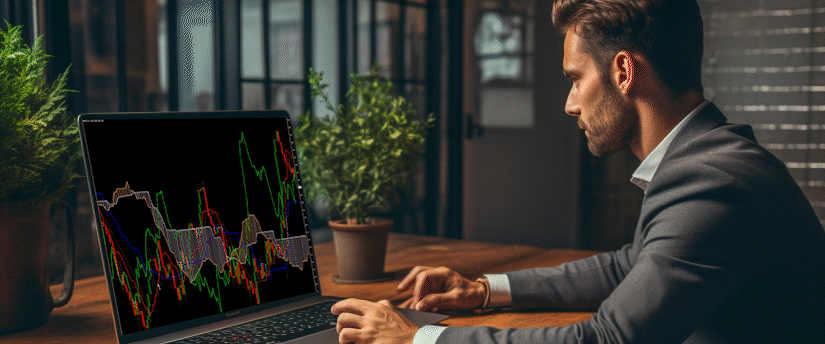 A man in a suit is focused on trading forex using his laptop in a modern office setting.
