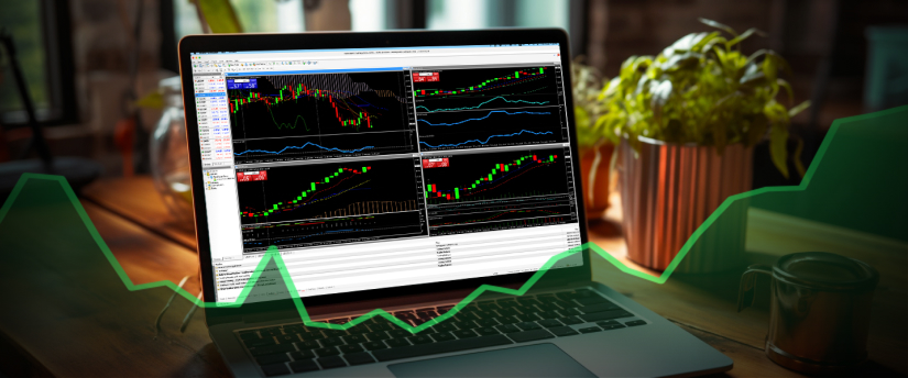 Un ordinateur portable affichant une plateforme de trading Forex avec des graphiques et des paires de devises à l'écran.