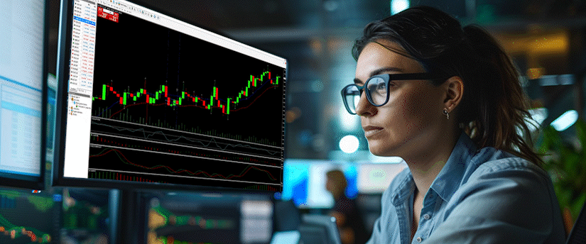 A woman wearing glasses analyzes a stock market graph displayed on a screen, focused on trading trends.