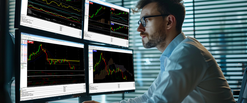 A man at a desk with multiple screens displaying various forex trading options and data analysis.