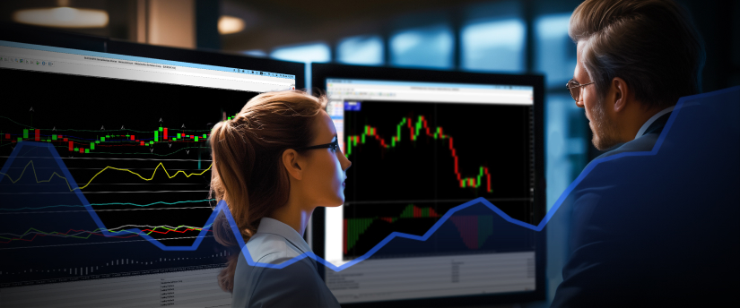 Dois indivíduos analisando um gráfico do mercado de ações exibido em uma tela, discutindo tendências do mercado.