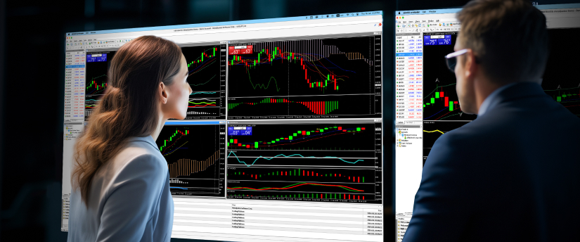 Dos personas analizando datos de trading mostrados en una pantalla de computadora, enfocadas en las tendencias y estadísticas del mercado.