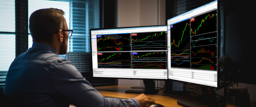Um homem sentado à secretária, concentrado em dois monitores que exibem vários gráficos de mercado de ações e análises de dados.