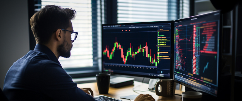 Un homme avec des lunettes regarde attentivement deux écrans d’ordinateur affichant des informations.