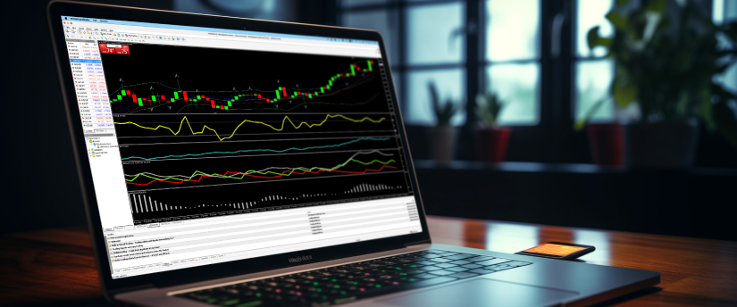 Close-up de um portátil a exibir software de trading forex, com gráficos e pares de moedas visíveis.