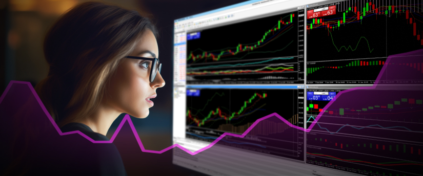 Una mujer analizando una pantalla que muestra un gráfico, concentrada en los datos presentados.