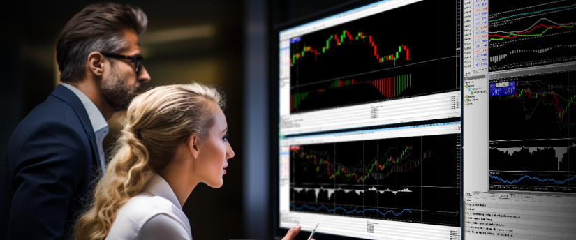 주식 거래 정보를 보여주는 컴퓨터 화면을 연구하며 시장 전략과 추세에 대해 논의하는 두 사람.