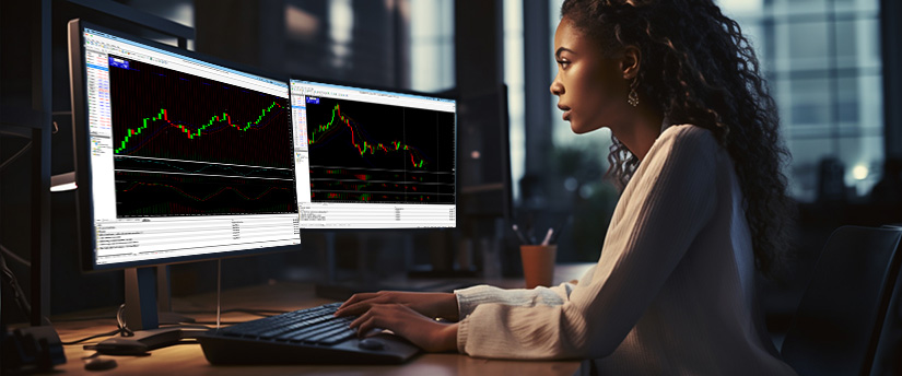A woman sitting at a desk with two computer monitors, focused on her work in a professional setting.