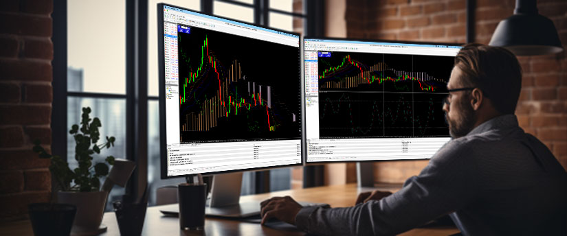 Un hombre en un escritorio con dos monitores mostrando varias plataformas de trading y datos del mercado