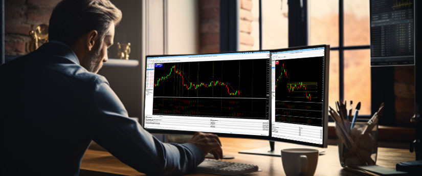 Un hombre en un escritorio con dos monitores mostrando diferentes plataformas de trading, concentrado en su trabajo