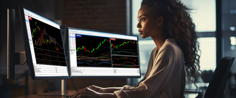 Una mujer en un escritorio con dos monitores mostrando varios gráficos del mercado de valores y análisis de datos