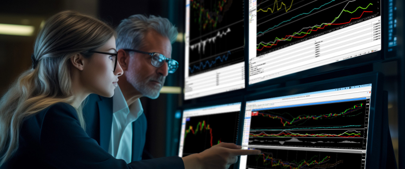 Two people analyzing a screen displaying various stock prices and forex data across multiple monitors.