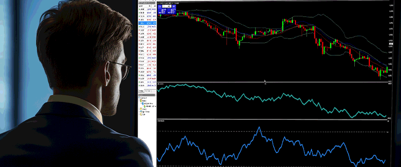 A suited man focuses on a computer screen showing a trading indicator from the MT4 trading platform.