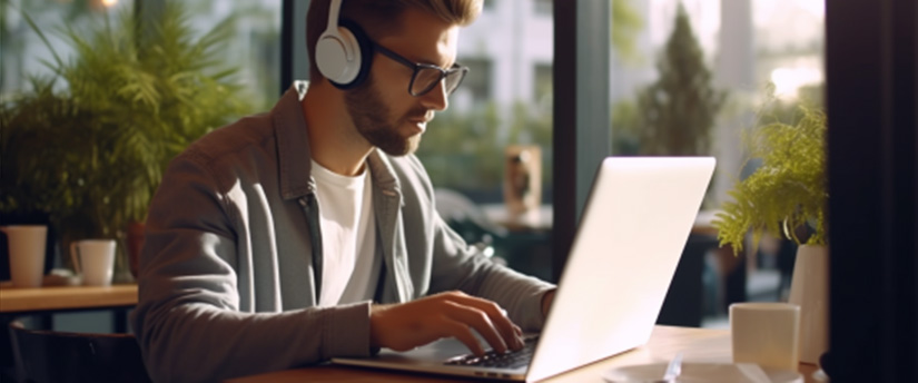Un hombre con auriculares y gafas está concentrado en su ordenador portátil, trabajando o realizando alguna tarea.